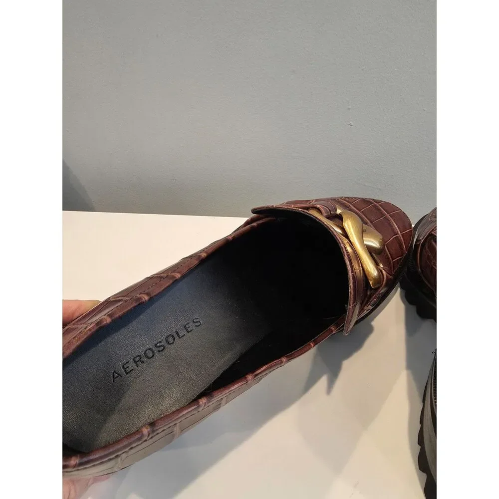 Aerosoles Lilia Brown Croc Embossed Leather Lug Sole Chain Loafers Womens 8